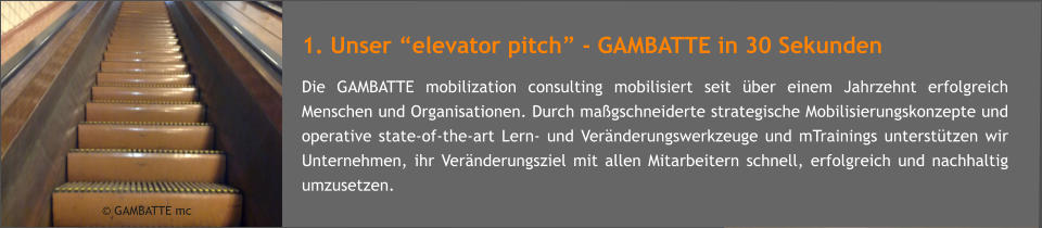 1. Unser elevator pitch - GAMBATTE in 30 Sekunden Die GAMBATTE mobilization consulting mobilisiert seit ber einem Jahrzehnt erfolgreich Menschen und Organisationen. Durch magschneiderte strategische Mobilisierungskonzepte und operative state-of-the-art Lern- und Vernderungswerkzeuge und mTrainings untersttzen wir Unternehmen, ihr Vernderungsziel mit allen Mitarbeitern schnell, erfolgreich und nachhaltig umzusetzen.      GAMBATTE mc