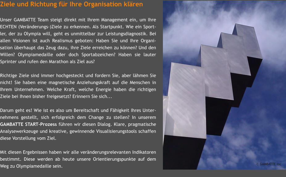 Ziele und Richtung fr Ihre Organisation klren  Unser GAMBATTE Team steigt direkt mit Ihrem Management ein, um Ihre ECHTEN (Vernderungs-)Ziele zu erkennen. Als Startpunkt. Wie ein Sport-ler, der zu Olympia will, geht es unmittelbar zur Leistungsdiagnostik. Bei allen Visionen ist auch Realismus geboten: Haben Sie und Ihre Organi-sation berhaupt das Zeug dazu, ihre Ziele erreichen zu knnen? Und den Willen? Olympiamedaille oder doch Sportabzeichen? Haben sie lauter Sprinter und rufen den Marathon als Ziel aus?   Richtige Ziele sind immer hochgesteckt und fordern Sie, aber lhmen Sie nicht! Sie haben eine magnetische Anziehungskraft auf die Menschen in Ihrem Unternehmen. Welche Kraft, welche Energie haben die richtigen Ziele bei Ihnen bisher freigesetzt? Erinnern Sie sich...   Darum geht es! Wie ist es also um Bereitschaft und Fhigkeit Ihres Unter-nehmens gestellt, sich erfolgreich dem Change zu stellen? In unserem GAMBATTE START-Prozess fhren wir diesen Dialog. Klare, pragmatische Analysewerkzeuge und kreative, gewinnende Visualisierungstools schaffen diese Vorstellung vom Ziel.   Mit diesen Ergebnissen haben wir alle vernderungsrelevanten Indikatoren bestimmt. Diese werden ab heute unsere Orientierungspunkte auf dem Weg zu Olympiamedaille sein.  GAMBATTE mc