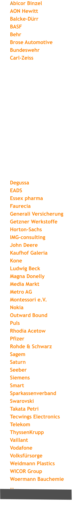 Abicor Binzel AON Hewitt Balcke-Drr  BASF  Behr Brose Automotive  Bundeswehr Carl-Zeiss                 Degussa EADS Essex pharma  Faurecia Generali Versicherung  Getzner Werkstoffe  Horton-Sachs IMG-consulting John Deere  Kaufhof Galeria Kone Ludwig Beck Magna Donelly Media Markt Metro AG Montessori e.V.  Nokia  Outward Bound Puls Rhodia Acetow   Pfizer Rohde & Schwarz  Sagem  Saturn Seeber  Siemens Smart Sparkassenverband Swarovski Takata Petri  Tecwings Electronics Telekom ThyssenKrupp   Vaillant Vodafone Volksfrsorge Weidmann Plastics WICOR Group  Woermann Bauchemie 